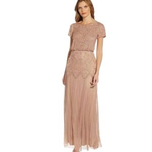Adrianna Papell Beaded Chiffon Flowy Formal Maxi Gown Neutral Blush  NWT Sz 10